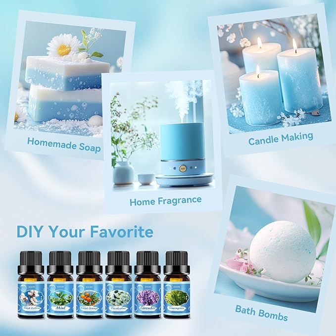 Clean Essential Oils Set for Diffuser & Candle Making | 6 Pack Premium Aromatherapy Oils Gift Set - Lavender, Eucalyptus, Mint, Sweet Orange, Lemongrass, Clean Cotton for Home, Relaxation & DIY - Bloomnest