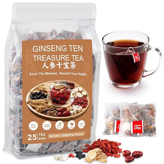 Ginseng Ten Treasure Tea, Natural Chinese Herbal Kidney Cleanse Detox Tea Support Liver & Kidneys Health for Men Women, No Additives, Caffeine Free, 10 Premium Ingredients Blend (25 Bags/1 Pack) - Bloomnest