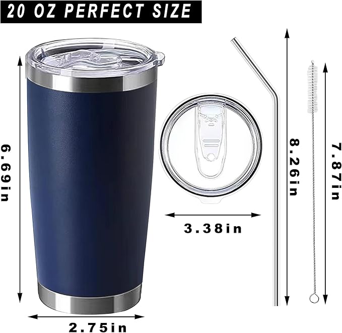 20oz insulted tumblers stainless steel cup Tumbler Bulk with push Lid, and metal straw powder coated coffee cup for cold and hot drinking (12, navy blue) - Bloomnest