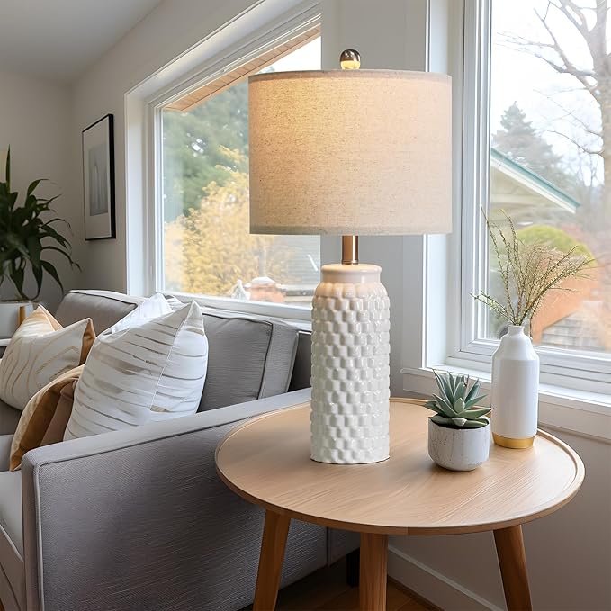 24" Modern Ceramic White Bedside Lamp Set of 2 Table Lamp for Bedroom Decor Farmhouse Table Lamp for Living Room Office Dorm - Bloomnest