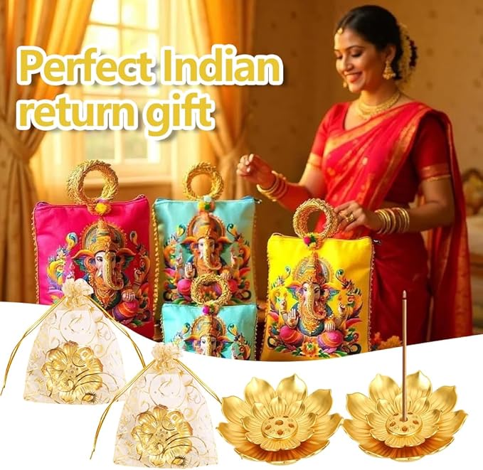 72 Pack Diwali Gifts Bulk, Lotus Incense Holder, Indian Return Gifts for Pooja Bulk, Gold Lotus Incense Sticks Holder with Organza Bags & Thank You Cards, Indian Return Gift - Bloomnest