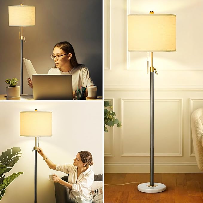Floor Lamp for Living Room Adjustable Tall Standing Lamp, 3-Way Dimmable Floor Lamp for Bedroom Office, Black Gold Lamp with Marble Base and White Linen Shade - Bloomnest