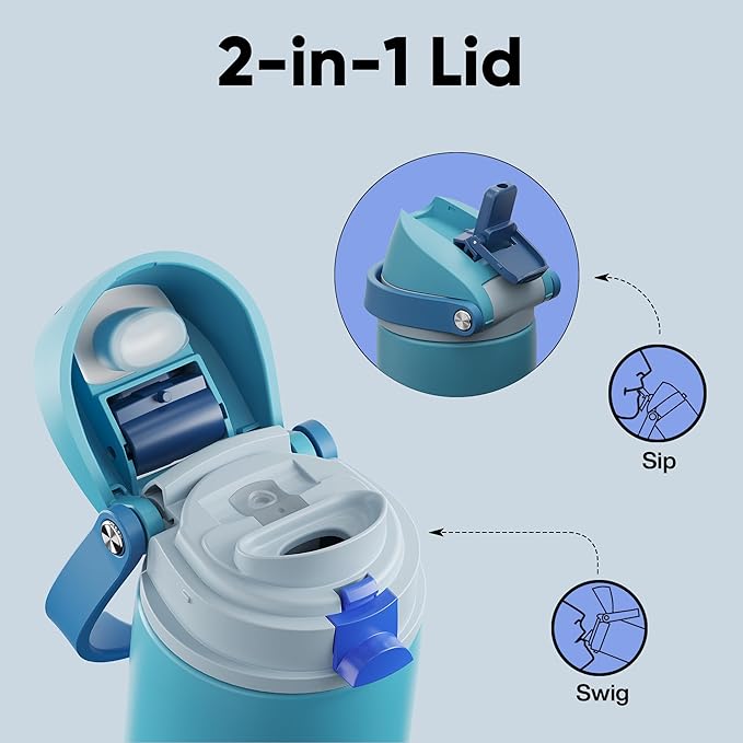 Insulated Water Bottle with Straw - Encool Stainless Steel Water Bottle with Push Button Lid, Leak-Proof & BPA-Free, Keeps Cold for 24 Hours for Sports, Travel, Gym (18 oz, Silk Blue) ENCOOL