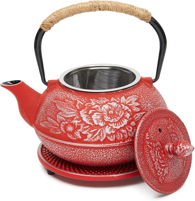 Juvale Japanese Cast Iron Teapot with Infuser - Red, 27 oz (800 ml), 3-Pc Teapot Set - Stovetop Kettle for Loose Leaf Brewing - Removable Stainless Steel Infuser & Trivet Included - Bloomnest