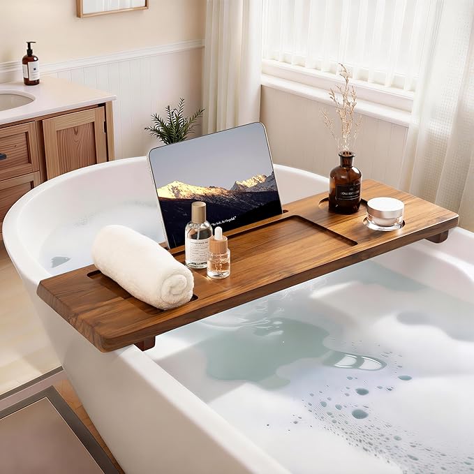 Teak Bathtub Tray - Wood Bath Caddy Tray 29" for Small Tubs - Adjustable Bathtub Table Trays - Luxury Shower Organizer for Home Spa Relaxation and Reading - Light Walnut Color - Bloomnest