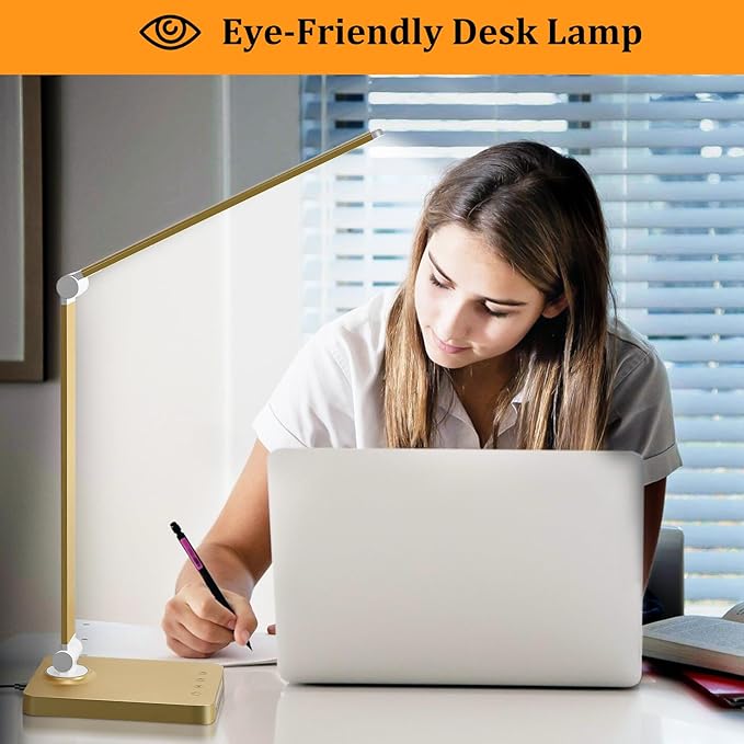 LED Desk Lamp with USB Ports,Touch Desk Lamps for Home Office with 5 Color Modes,3 Brightness Desk Light with Small Night Light,Reading Lamp Table Lamp for Bedroom Bedside Study Gold （with Adapter） - Bloomnest