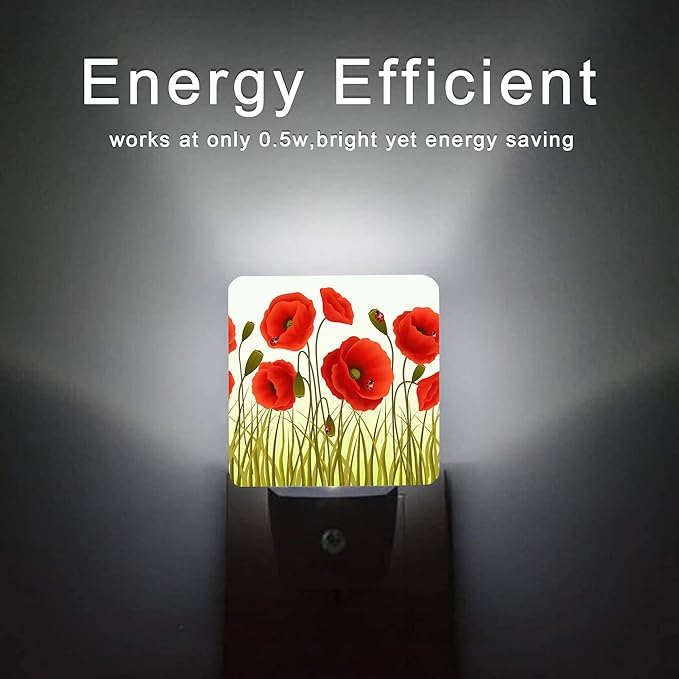 Red Flowers Night Light,Red Poppy Flowers and Ladybugs Plug-in Night Lights with Dusk-to-Dawn Sensor for Stairway/Hallway/Bedroom Sleep Friendly lamp for Women/Girls/Boys Gift,0.5W - Bloomnest