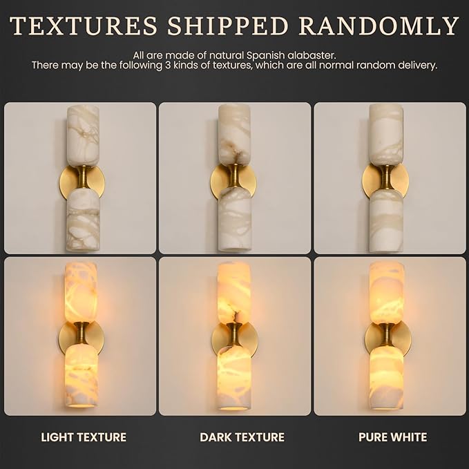 14in Modern Spanish Natural Marble Bathroom Vanity Sconces, Alabaster Wall Sconces Set of Two, Black Alabaster Sconce Wall Lighting, Black Wall Light Fixtures Decor - Bloomnest