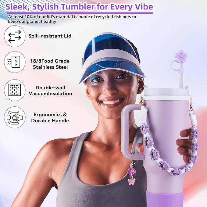 40 oz Tumbler Insulated Mug w/Straw & Flip Cap Lids - Cup Holder Bottle with 6 Accessories Set for Hot, Cold Drink - Leak-Proof - Water, Coffee Portable Travel Mug (Lupine Purple) - Bloomnest