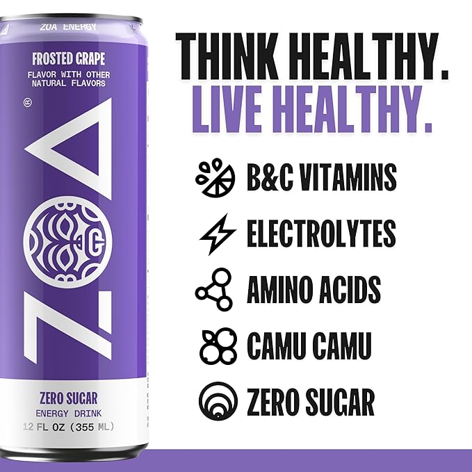 ZOA Zero Sugar Energy Drinks, Frosted Grape - Sugar Free with Electrolytes, Healthy Vitamin C, Amino Acids, Essential B-Vitamins, and Caffeine from Green Tea - 12 Fl Oz (12-Pack) - Bloomnest
