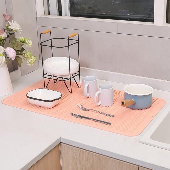 Silicone Dish Drying Mat for Multiple Usage,Easy clean,Eco-friendly,Heat-resistant Silicone Mat for Kitchen Counter or Sink,Refrigerator or Drawer Liner Pink 4XL 32 inches x 18 inches - Bloomnest