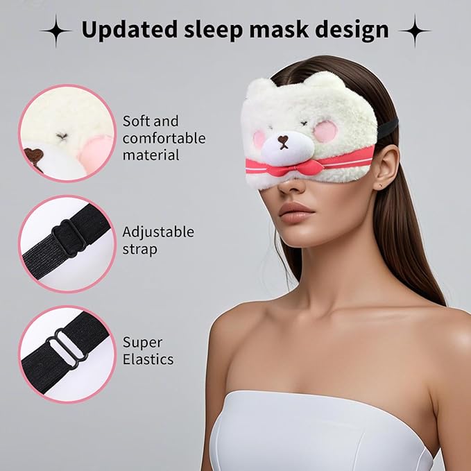 Cute Sleep Eye Masks for Kids, Kawaii Cartoon Kids Sleeping Mask for Women Boys Girls Teens, Soft Plush Adjustable Eyeshade Silk Travel Nap Eye Cover, Pink Bear - Bloomnest