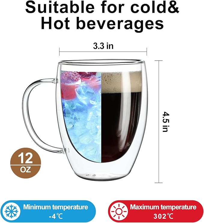 Aurzen 2 Pack Double Walled Glass Coffee Mugs with Handles, Large Insulated Layer Coffee Cups, 12oz Clear Borosilicate Mugs, Perfect for Cappuccino, Tea, Microwave Safe - Bloomnest