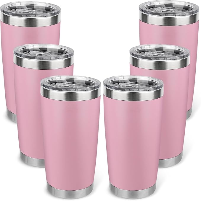 20oz Stainless Steel Tumbler Bulk with Lid, Travel Mug - Double Wall Vacuum Powder Coated Cup - Light Pink, 6 Pack - Bloomnest