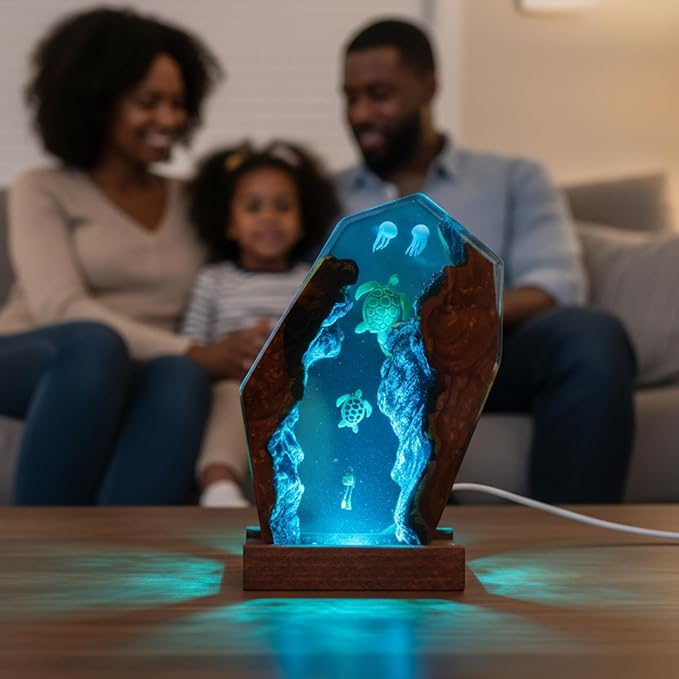 Handmade 3D Ocean Resin Lamp – LED Color Changing Night Light, Artistic Sea Turtle & Coral Scene, Unique Coastal Home Decor Gift for Ocean & Nature Lovers - Bloomnest
