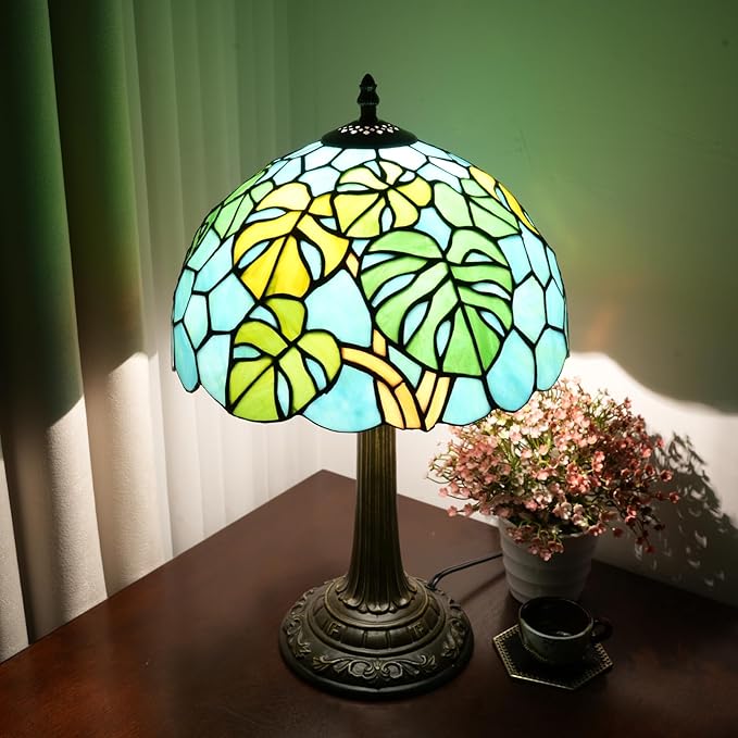 Tiffany Lamp Monstera Deliciosa Style Stained Glass Table Lamp Vintage Monstera Swiss Cheese Plant Bedroom Bedside Light for Home Dorm Office Art Craft Antique Decor 12x12x19 Inches - Bloomnest