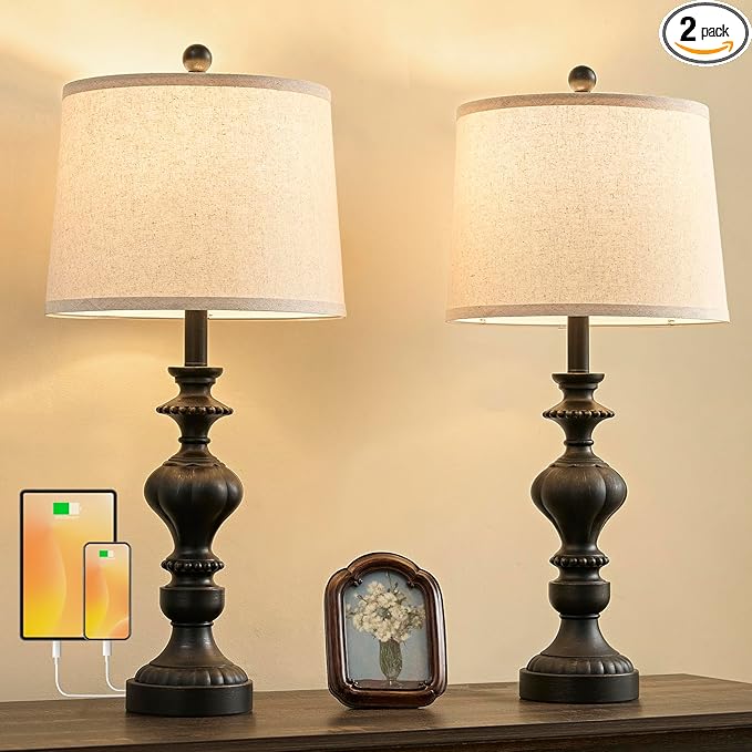 27.5" Farmhouse Table Lamps Set of 2 Bedside Nightstand Lamp with USB C+A Ports & AC Outlet, 3 Way Dimmable Touch Lamps for Bedroom Living Room Office Rustic Lamp (Rotary Switch-Black) - Bloomnest