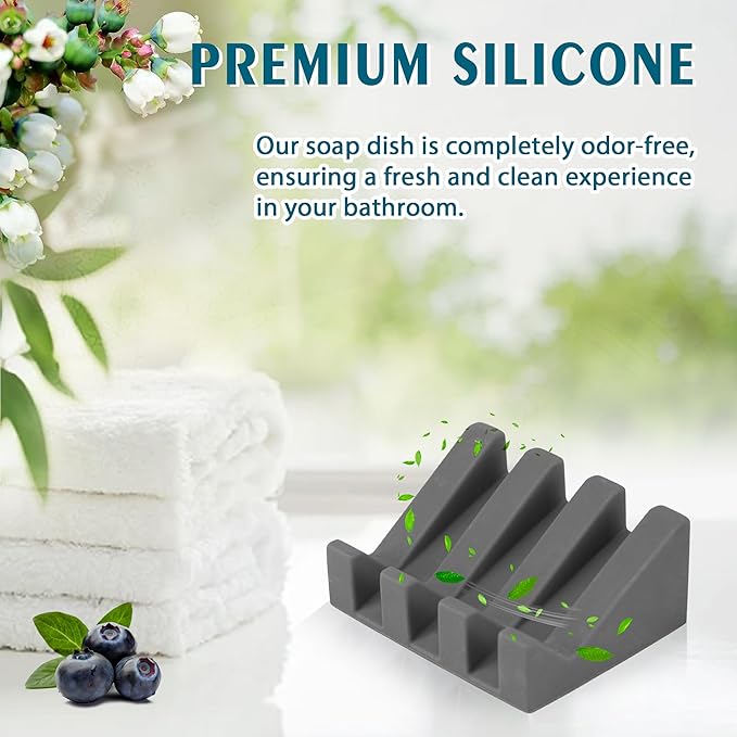 Silicone Soap Dish with Drain, Upgrade Double Suction Cups at The Bottom for Anti-Slip and Stability, Soap Dish Shower Waterfall Bar Soap Holder Tray with Drain Soap Holder (3, Grey) - Bloomnest