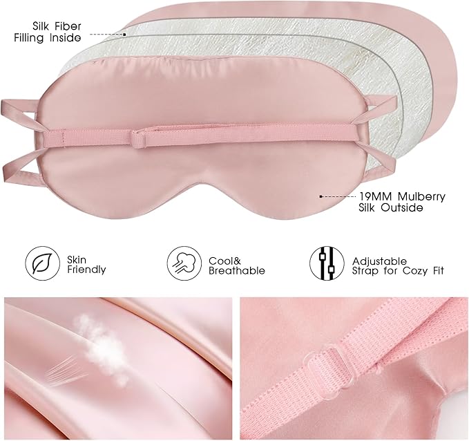Silk Eye Mask for Sleeping with Adjustable Strap for Women/Men/Adults Blackout Pure Mulberry Silk Sleep Mask for Side Sleeper/Travel/Flight,Pink - Bloomnest