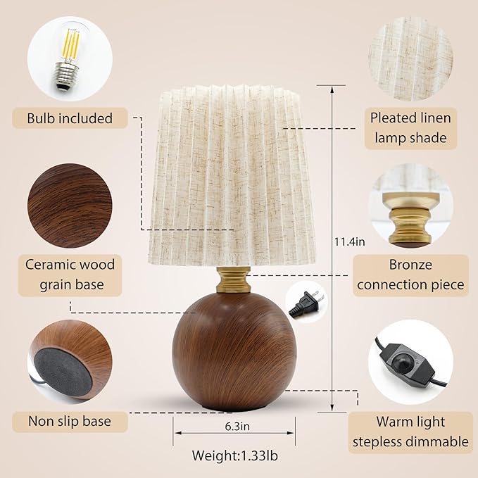 Small Pleated Table Lamp Set of 2 for Bedroom, Mini Bedside Lamps for Nightstand with Round Fabric Linen Shade, Dimmable Desk Lamp, Cute Table Lamps for Small Spaces for Living Room, Kids Room - Bloomnest