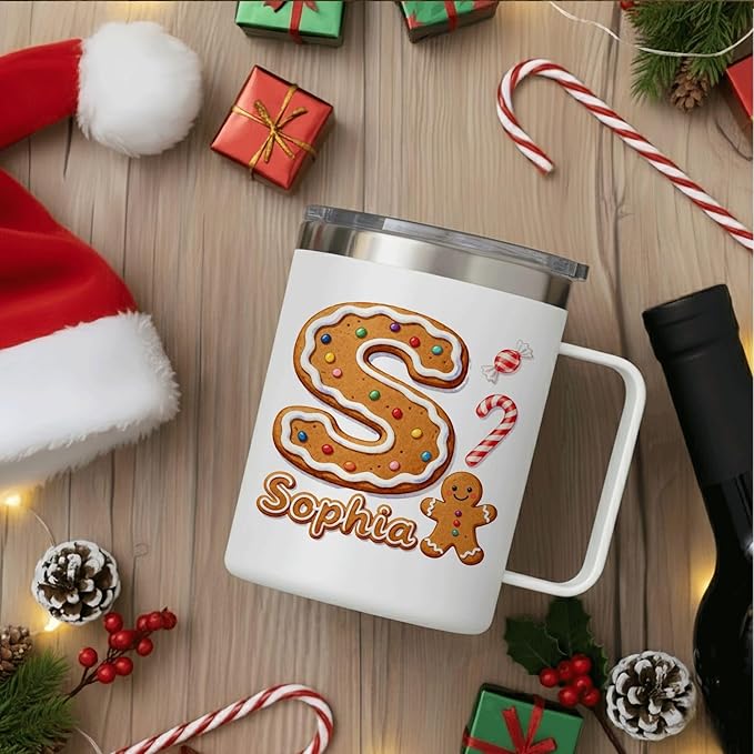 Personalized Christmas Mug | Custom Gingerbread Initial Insulated Coffee Cup with Handle & Lid | 12oz Holiday Tumbler, Cute Stocking Stuffer Gift for Women & Kids (B01) - Bloomnest