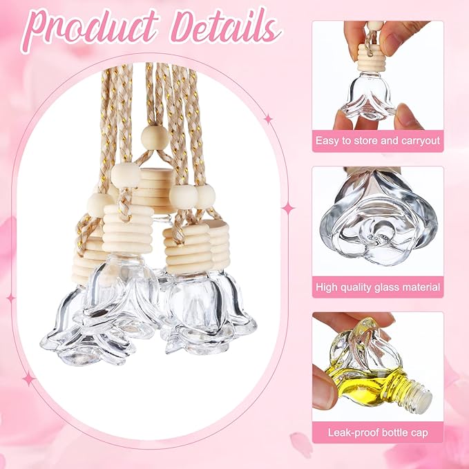 60 Pcs Hanging Car Air Freshener Car Diffuser Bottles Empty Glass Perfume Bottles Air Freshener Diffuser Bottle Pendant for Essential Oils Fragrance Aromatherapy Ornament Decor (Rose Style) - Bloomnest