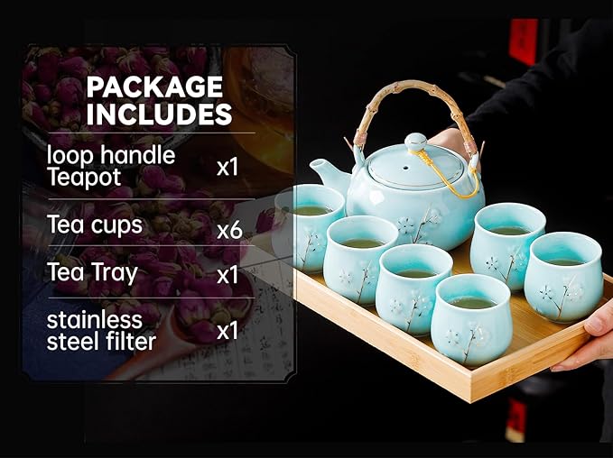 Japanese Tea Set with 1 Teapot(23 oz/660ml), 6 Tea cups(5.3 oz/150ml), 1 Tea Tray, 1 Stainless Infuser, Golden plum blossom relief,Chinese gungFu tea set (Golden plum-Blue) - Bloomnest