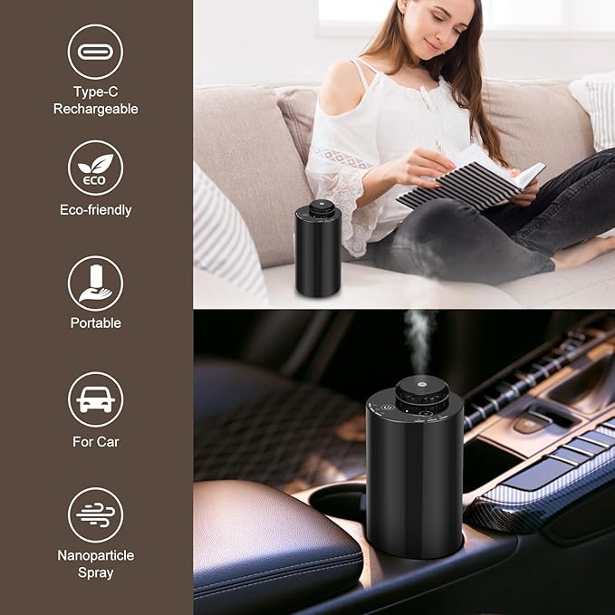 Waterless Diffuser for Essential Oil Nebulizer, 7 Colors LED Light, Battery Powered Mini Scent Air Machine, Aromatherapy Mist Diffuser for Home Room Car Office Black - Bloomnest