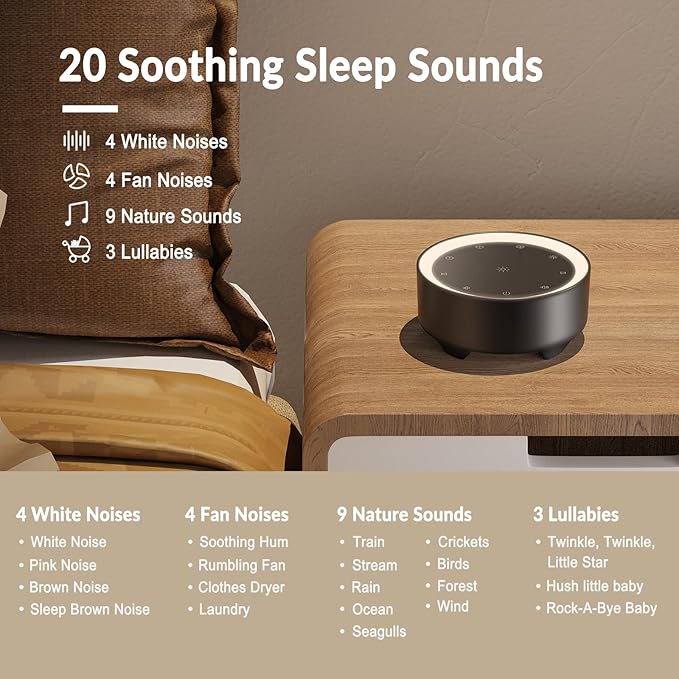 Kipcush Sound Machine & Night Light for Adults, Baby, Kids. White Noise Machine with 20 Soothing Sleep Sounds. Small Size & Portable Design for Bedroom (Black, Small) - Bloomnest