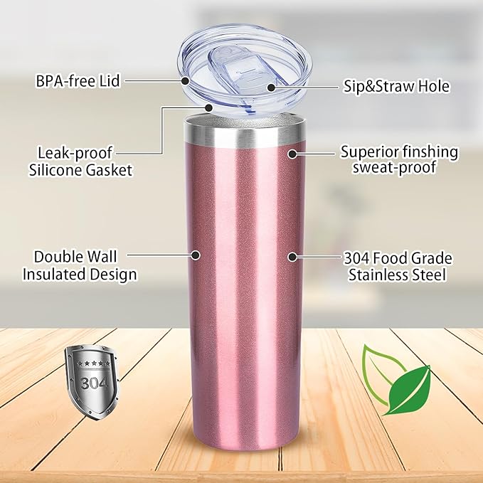 20 oz Skinny Tumblers with Lid and Straw,Stainless Steel Vacuum Insulated Tumbler Cup Double Wall Travel Coffee Mug, Thermal Water Tumbler for Hot and Cold Drinks(Rose Gold,1) - Bloomnest
