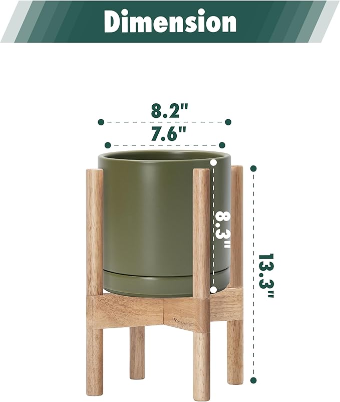 D'vine Dev Ceramic Planter with Natural Stand - 8 Inch Modern Round Flower Pot with Wood Planter Holder, Olive, 55-B-N-J - Bloomnest