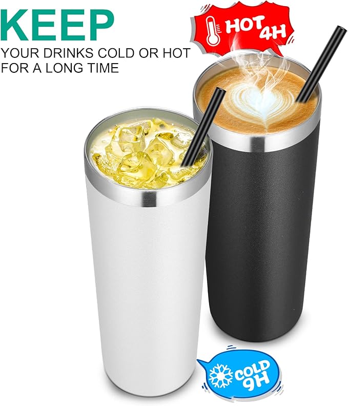 VEGOND Stainless Steel Skinny Tumbler, 20 oz Vacuum Insulated Tumbler with Lid and Straw, Double Wall Coffee Cup, Travel Mug for Cold Hot Drinks, White 1 Pack - Bloomnest