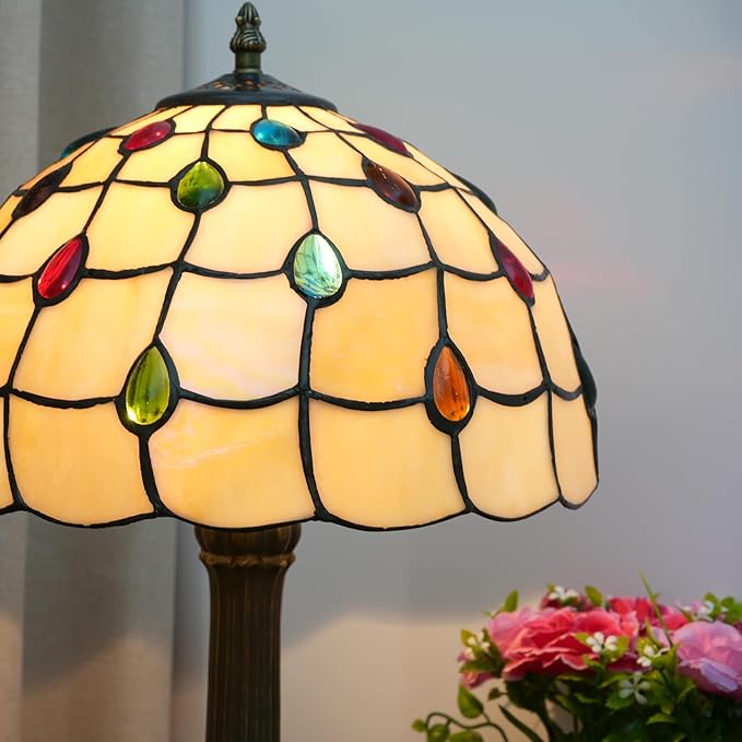 Tiffany Lamp Stained Glass lamp 12 inches Bedside Table Lamps for Living Room Bedroom Dorm Kitchen Home Decor Festival Birthday Gift,Colorful Beads - Bloomnest