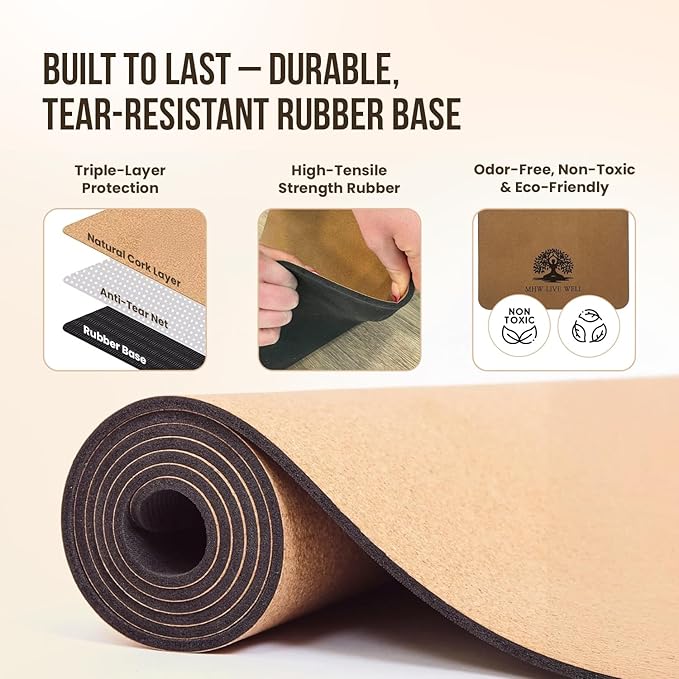 MHW - Live Well Thick Non-Slip Yoga Mats for Home Workout – Eco-Friendly Cork & TPE Yoga Mats | Extra Wide, Long, Foldable, Odorless Exercise Mats with Strap & Bag – Travel-Friendly & Portable