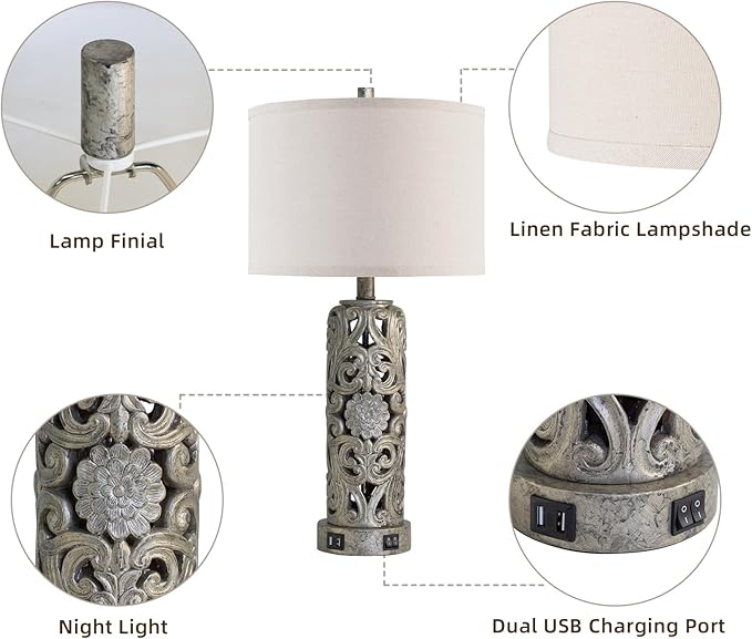 25'' Set of 2 Industrial Table Lamps for Living Room with Dual USB Ports, Vintage Resin Nightstand Lamp for Bedroom with Nightlight, Antique Rustic Desk Lamp for Entryway, 2 Bulbs Included - Bloomnest