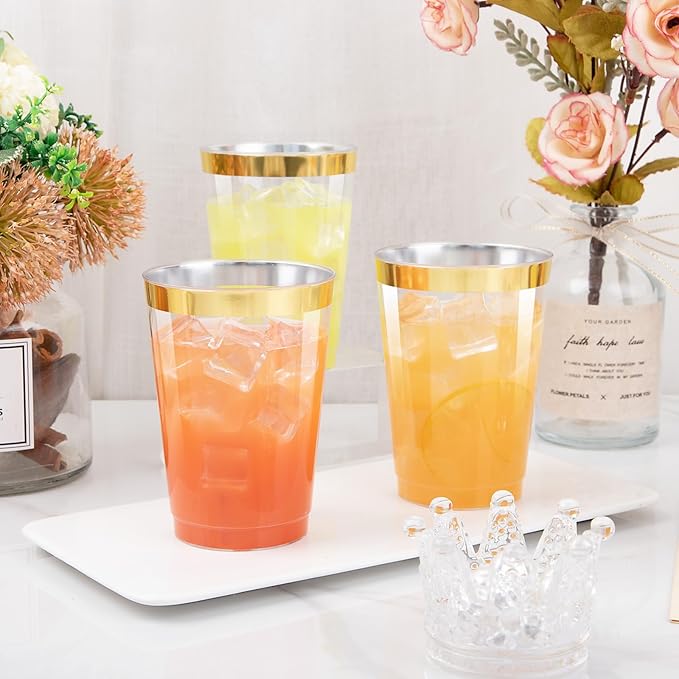 I00000 100 Pack 12 oz Gold Plastic Cups, Gold Rimmed Disposable Cups, Disposable Wine Glasses Cocktail Glasses Premium Cup with Golden Rim, 12 Ounce Plastic Tumblers for Party & Wedding - Bloomnest