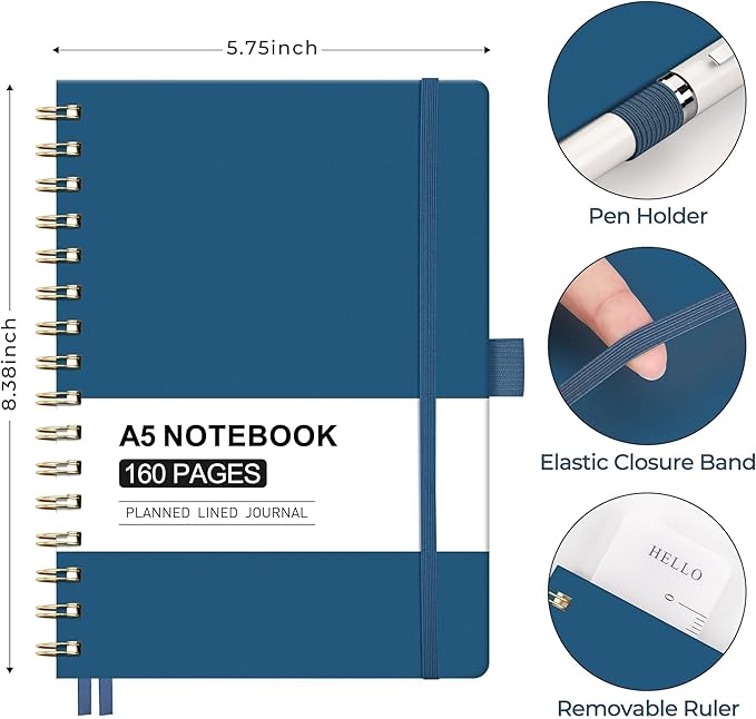 AHGXG Spiral Journal Notebook, 160 Lined Pages, A5 Medium Size (5.7'' x 8.3''), for Men & Women, Journaling, Writing, Work & Office, Hardcover, 100 GSM Thick Paper (Navy Blue) - Bloomnest