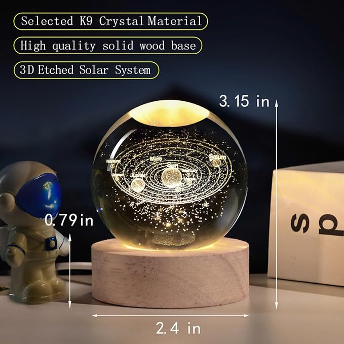 Solar System 3D Crystal Ball with LED Stand, 60mm Galaxy Model Decor Glass Sphere Lamp Night Light, Space Universe Astronomy Gifts for Women Men Mom Kids - Bloomnest