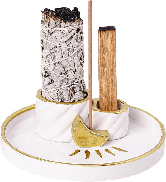 Ceramic Incense Holder Burner, Sage Holder for Burning, Palo Santo Sticks Holder, 5.51" Ash Catch Tray, Smudge Dish for Meditation Yoga, Modern Home Decor Gift - Bloomnest