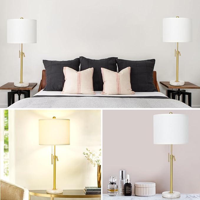 Gold Table Lamp Set of 2, 22-30" Height Adjustable Modern Nightstand Lamps with Marble Base and Pull Chain Switch for Living Room Bedroom, Office, Bedside Table, Farmhouse - Bloomnest