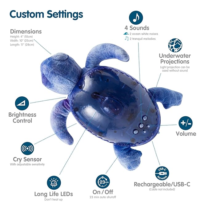 Cloud b Ocean Projector Nightlight with 2 White Noises & 2 Soothing Sounds | Adjustable Settings | Cry Sensor | Tranquil Turtle - Ocean (Rechargeable) - Bloomnest