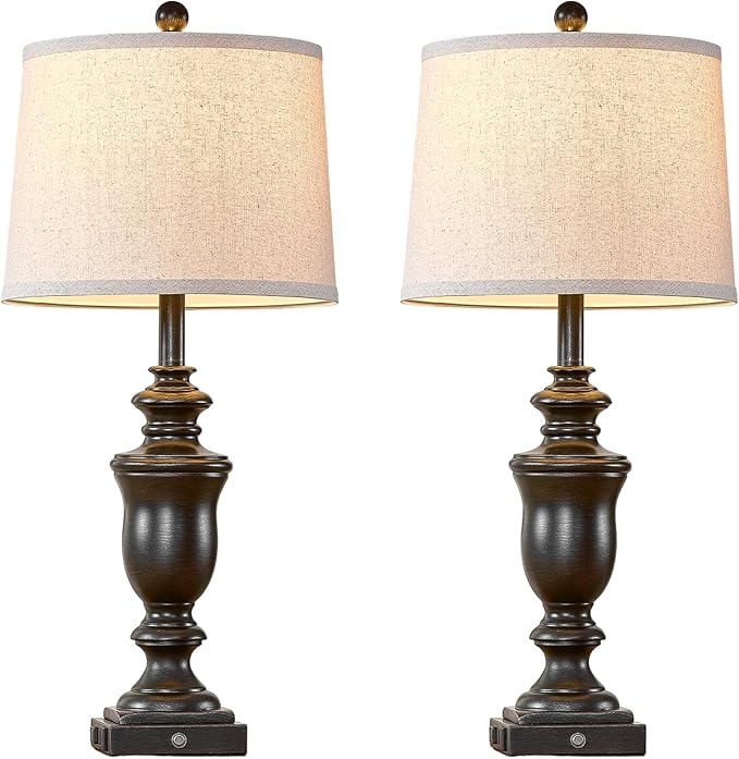 27.5" Set of 2 Farmhouse Table Lamps for Bedroom, 3 Way Dimmable Bedside Lamp with 2 USB +AC Outlet Nightstand Lamps for Living Room Resin Rustic Touch Lamps (Antique Black) - Bloomnest