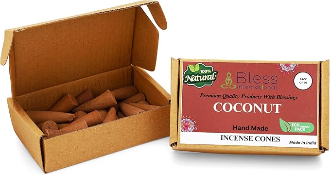 Bless International Coconut 100%-Natural-Incense-Cones Handmade-Hand-Dipped Organic-Chemicals-Free for-Purification-Relaxation-Positivity-Yoga-Meditation The-Best-scents (20 Count) BlessInternational