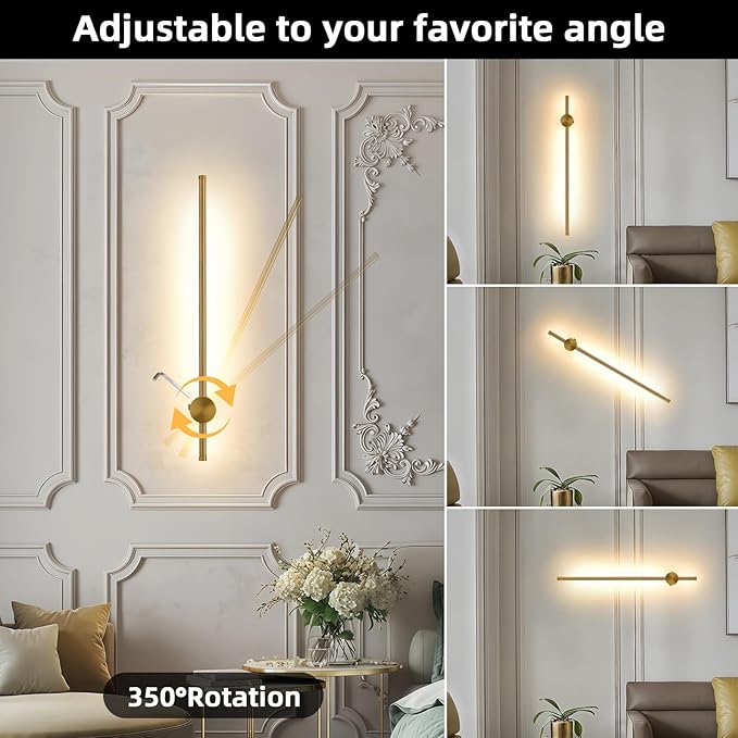 Battery Operated Wall Sconce USB Rechargeable Sconces, 23.6" Brushed Gold Wireless Wall lamp Set of 2, 3000K-6000K & Dimming with Remote Control, LED Wall Lights for Living Room, Bedroom - Bloomnest