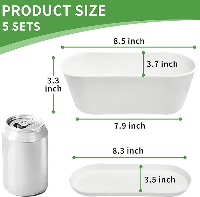 5 Set Window Herb Planter Box Rectangular,8.5x3.5 Inch White Plastic Planters with Multiple Drainage Holes and Trays,Indoor Succulent Cactus Mint Flower Pot for Windowsill,Garden Balcony - Bloomnest
