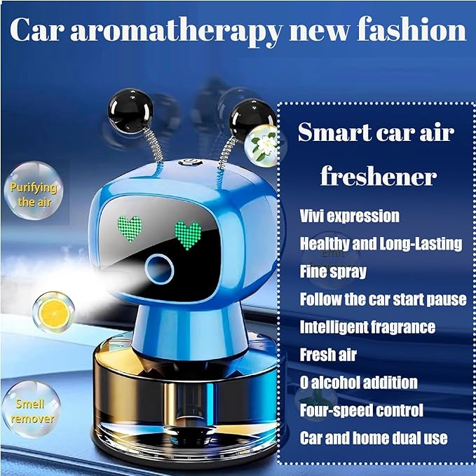 Robot Intelligent Aromatherapy Machine, Smart Cute Robot Car Air Freshener - Fine Spray/Fillable/Four-Gear Adjustment/Vibration Sensing/On-Off/Large Capacity Long-Lasting Fragrance/Blue-V2(Ocean) - Bloomnest