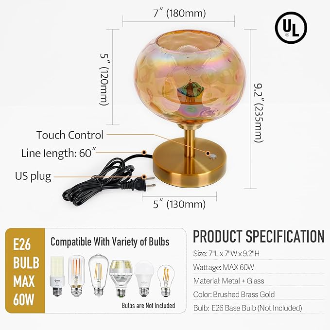 Touch Control Hammered Glass Table Lamp Brass Gold Portable Dimmable Brightness Small Nightstand Light 3-Way Stepless Dimming Bedside Bedroom Living Room (Colorful Amber Glass & Gold) - Bloomnest