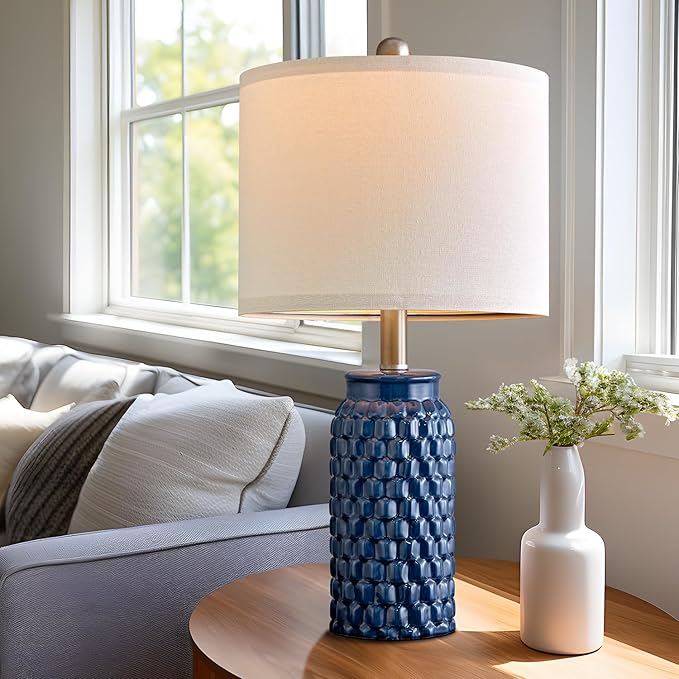 20.5 inches Modern Ceramic Dark Blue Bedside Lamp Set of 2 for Bedroom Decor Farmhouse Table Lamp for Living Room Office Dorm - Bloomnest