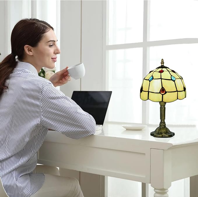 8 Inch Tiffany Lamp, Small Stained Glass Lamp for Bedside, Living Room, Yellow - Bloomnest