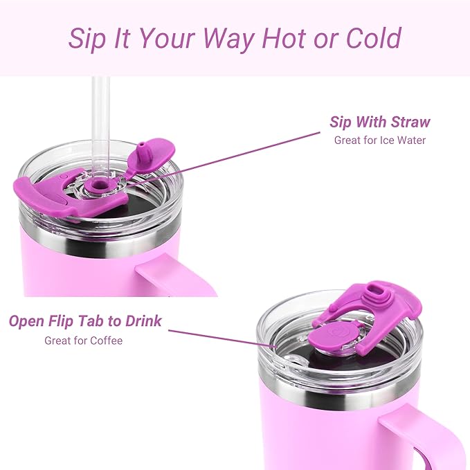 Drinco 40oz 30 oz Tumbler with Handle, Straw Lid, Insulated Stainless Steel Travel Mug Water Bottle Ice Coffee Cup For Cold and Hot, BigSur (40oz Lavender)